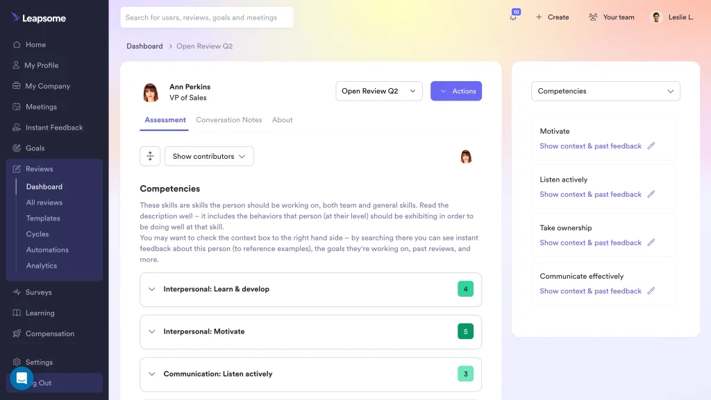 Leapsome 360 Degree Feedback Dashboard